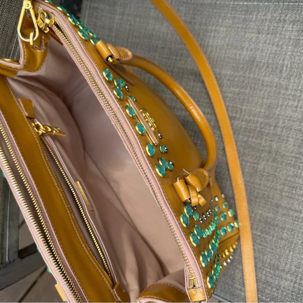 EUC! Prada Vintage Tan and Blue Studded Satchel Crossbody - Picture 3 of 7